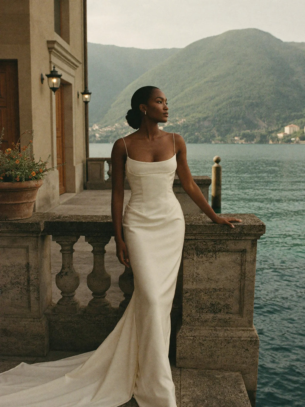 Curved Neckline Fitted Wedding Dress – Sculpted Minimalist Bridal Gown | Lovers Isle Bridal