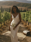 Tuscan V Neck Crepe Wedding Dress – Minimalist Column Bridal Gown | Lovers Isle